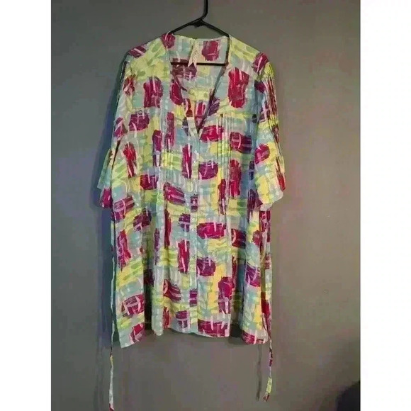 Melissa McCarthy Seven7 Blouse 2X Yellow Pink tie back tunic abstract colorful - Picture 1 of 9